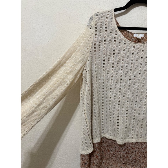 Catherines XL Layered Knit Crochet Sweater Top Floral Chiffon Hem Boho Peasant - Picture 4 of 5